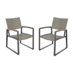 Glasgow Gray Armed Faux Rattan and Aluminum Outdoor Patio Dining Chair (2-Pack)