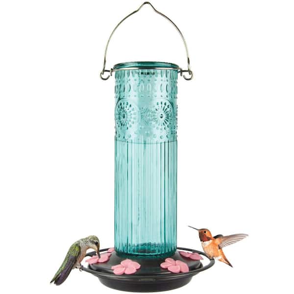 Nature's Way Teal Antique Glass Hummingbird Glass Feeder 28 oz