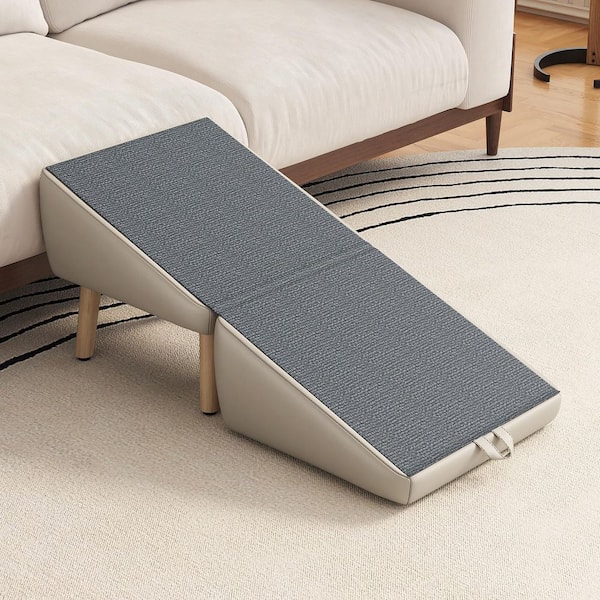 2-in-1 Foldable Pet Ramp Light Gray Faux Leather Upholstered Square Ottoman