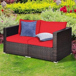 2-Piece Wicker Outdoor Rattan Corner Sectional Sofa Set Patio Furniture Set with 4 Red Cushions