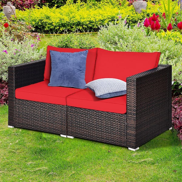 4-Piece Wicker Outdoor Rattan Corner Sectional Sofa Set Patio Furniture Set with Red Cushions