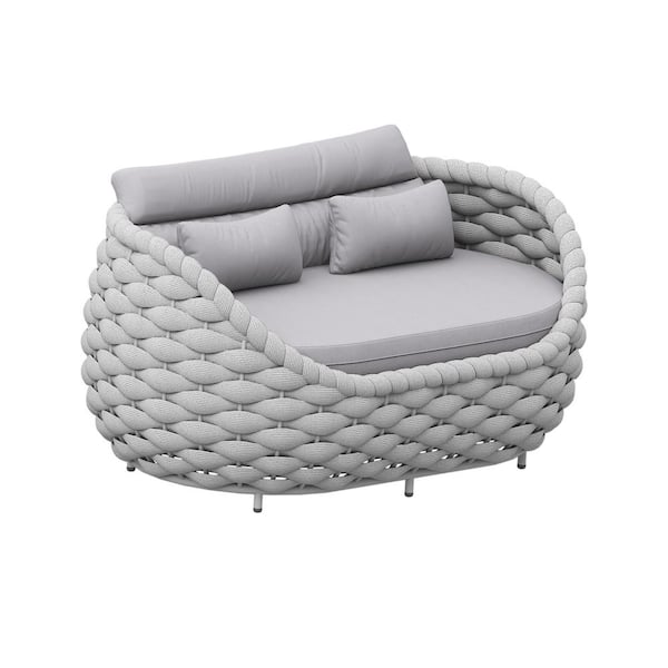 TWT Bird's Nest-Shaped Hand-Woven Light Gray Aluminum Outdoor 2-seat Loveseat Couch with Gray Cushions