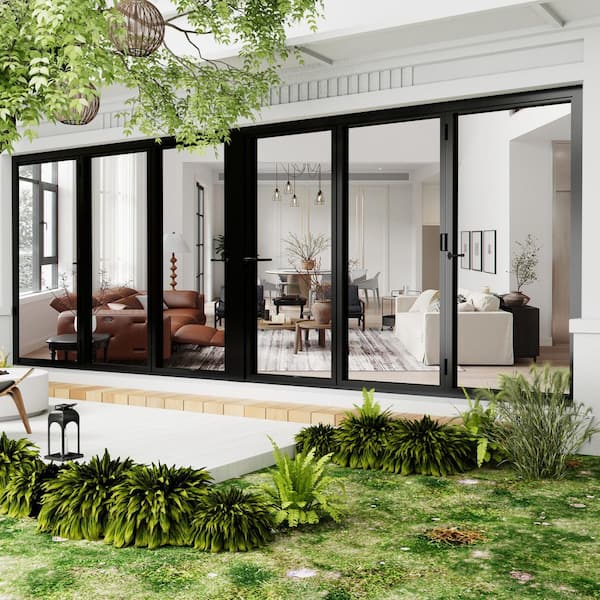 180 in. x 80 in. Bi-Parting Double Tempered Glass Black Aluminum Folding Patio Door