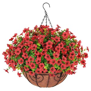 12 in. Artificial Hanging Flowers Basket, Outdoor Indoor Patio Lawn Garden Decor, Red