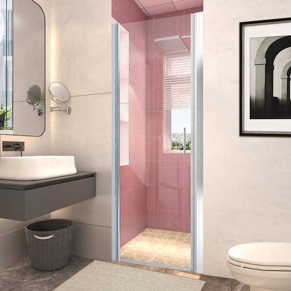 WELLFOR 34 in. W x 72 in. H Semi-Frameless Pivot Swing Shower Door Corner Clear Glass in Chrome