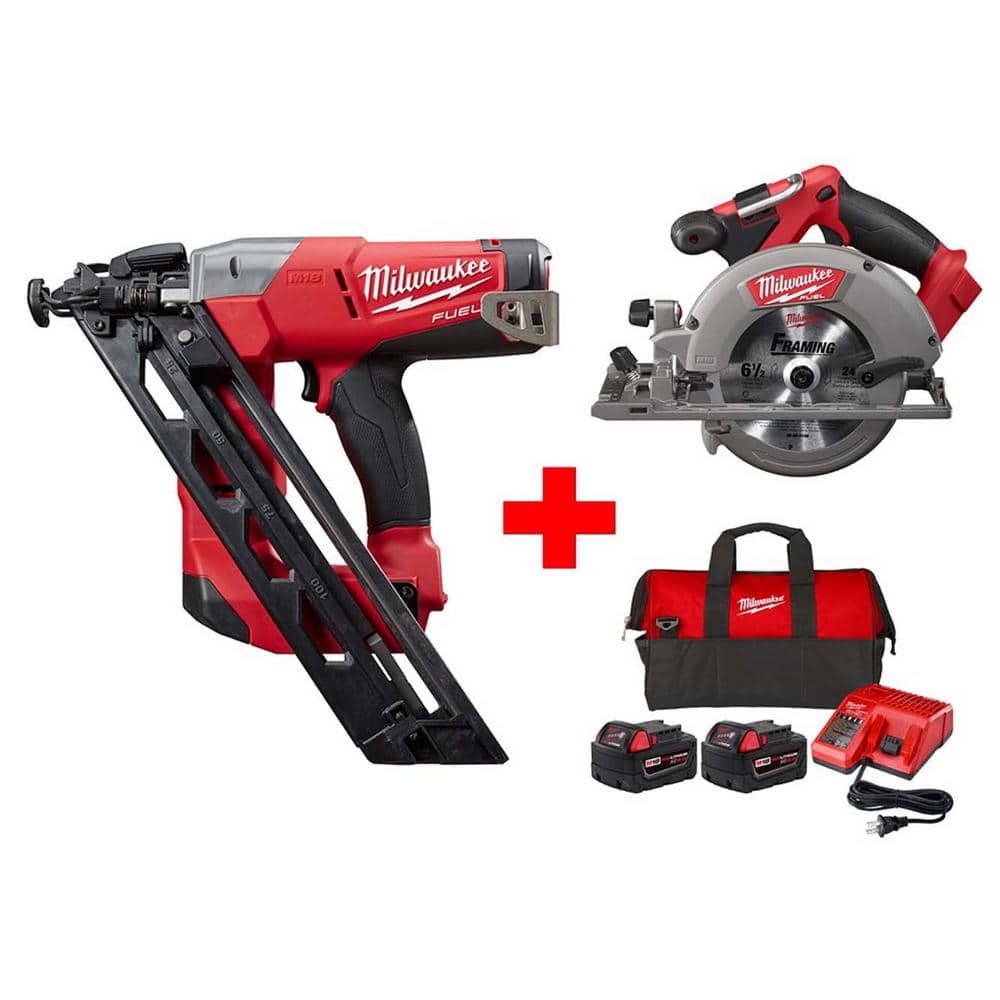 Milwaukee M18 FUEL 18V Brushless Cordless 15-Gauge Angled Finish Nailer   Circular Saw W/ (2)5.0Ah Batteries  Charger 2743-20-2730-20-48-59-1852P  The Home Depot