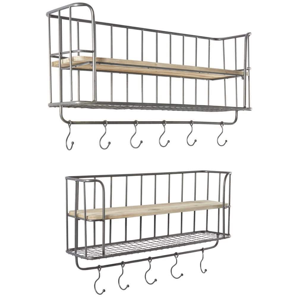 Gray Iron and Wood Wall Shelf with Hooks, Set of 2