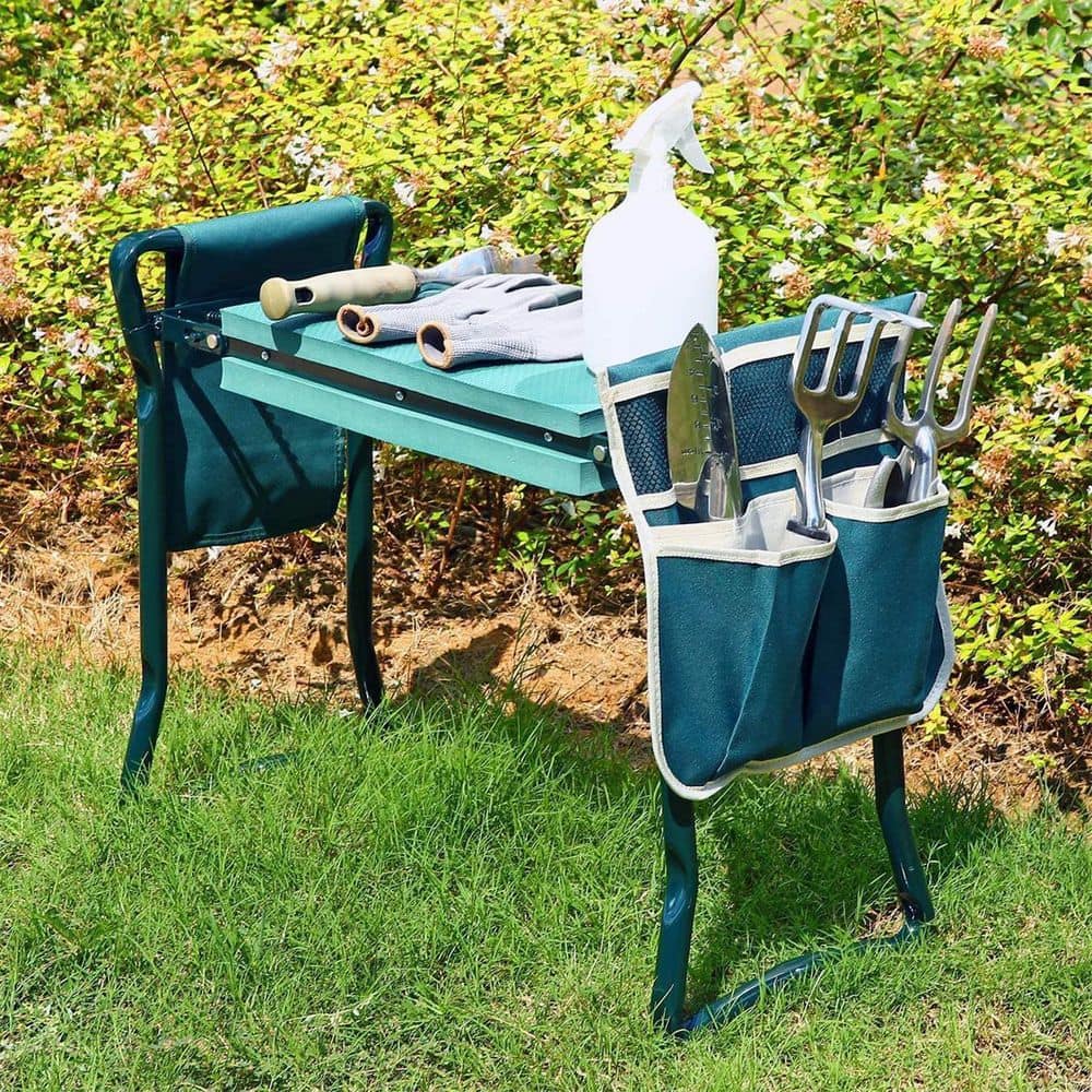 Foldable Green Steel Garden Kneeler and Seat with Tool Pouches