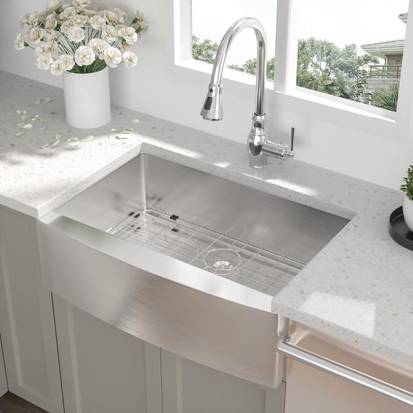 30 in. in Farmhouse Apron Front Single Bowl 16-Gauge Brushed Nickel Stainless Steel Kitchen Sink with Bottom Grids