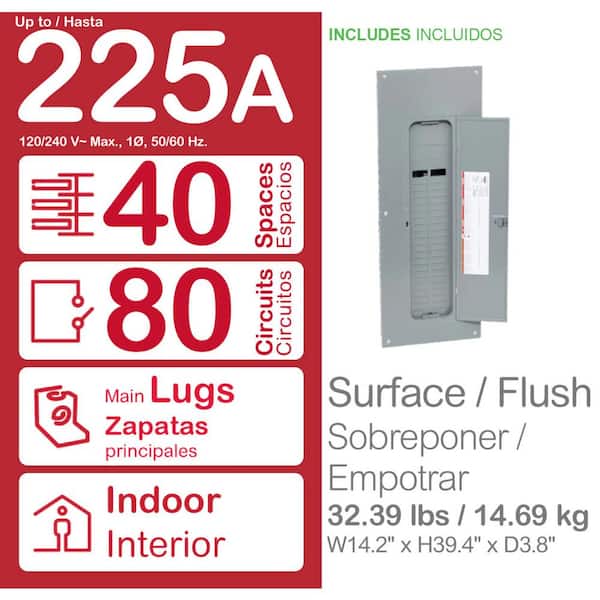Homeline 225 Amp 40-Space 80-Circuit Indoor Main Lug Plug-On Neutral Load Center with Cover