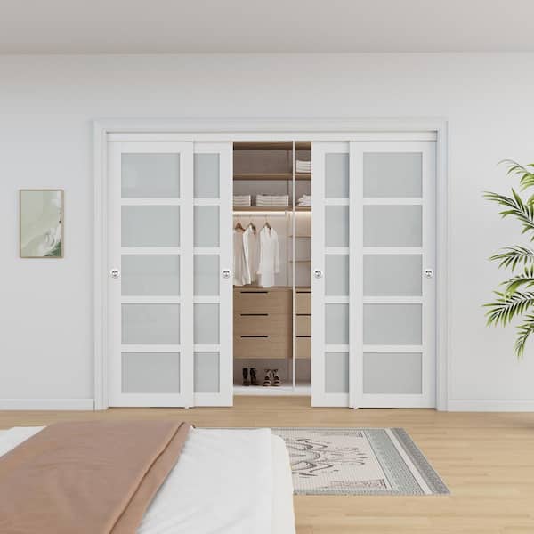 96 in. x 80 in. 5-Lite Frosted Glass Primed White Glass Interior Closet Sliding Door Sliver Handles and Hardware