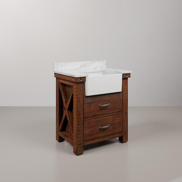 Paisley 31 in. W x 22 in. D Vanity in Rustic Sienna with Marble Vanity Top in White with White Basin and Mirror