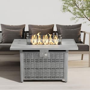 43 in, 50,000 BTU Light Gray Rectangle Rattan Wicker Outdoor Propane Fire Pit Table with Glass Fire Pit and Wind Guard