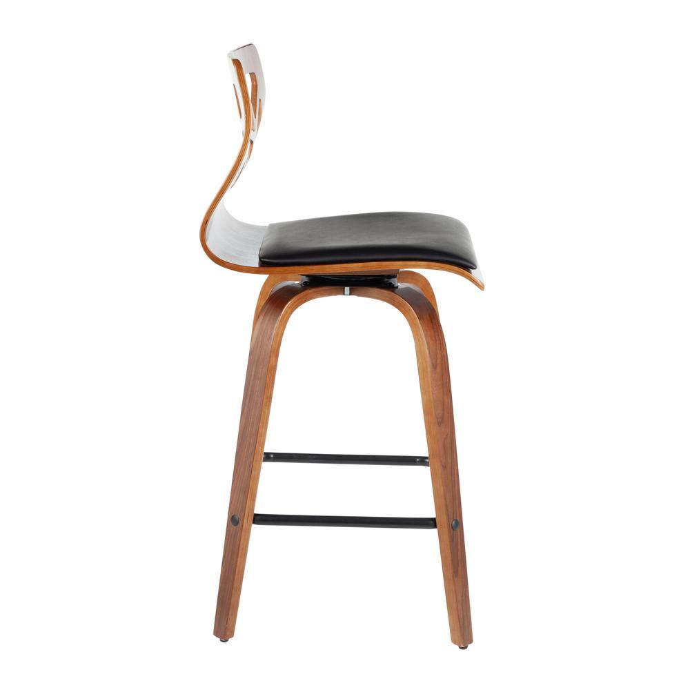 Mid-Century Modern Swivel Counter Stool in Black Leather and Walnut Wood