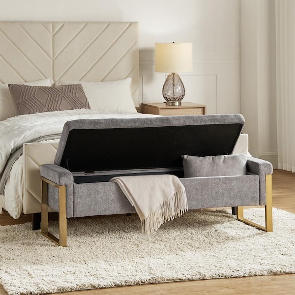 JAYDEN CREATION Alina Modern Upholstered Flip Top Storage Bench with Metal Legs-GREY