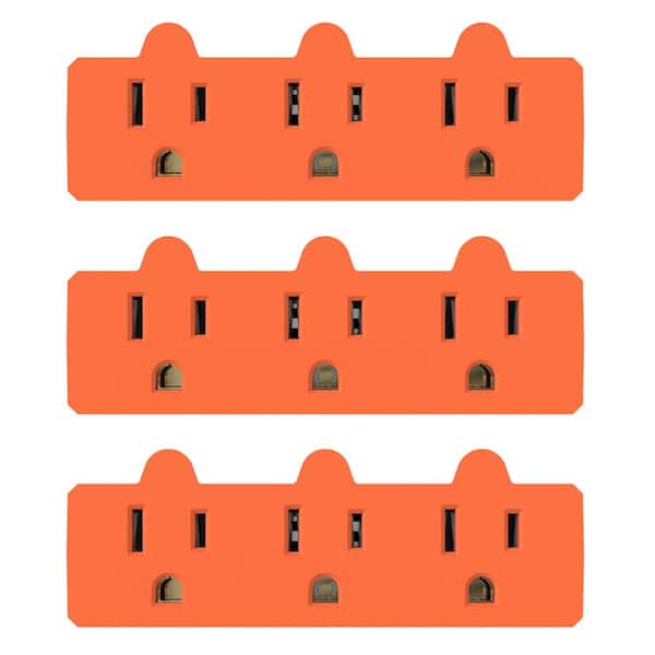 15Amp 125-Volt 3-Prong Heavy-Duty Grounded Triple Tap Adapter Plug, Orange (3-Pack)