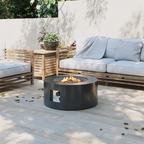 PATIOGUARDER 28 in. Round Iron Outdoor Fire Pit Table with Lid, Volcanic Rocks and Rain Cover in Dark Grey