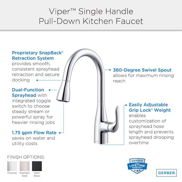 Gerber Viper Single Handle Pull Down Sprayer Kitchen Faucet with