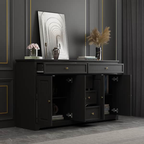 Black 33.5 in. H Wooden Accent Storage Cabinet with Multi-Function, Drawers, 59.1 in. W x 15.7 in. D