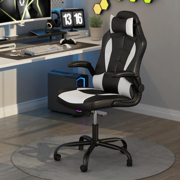 Furinno Ara PU Leather Seat Reclining Ergonomic Gaming Chair in white with Flip Up Arms