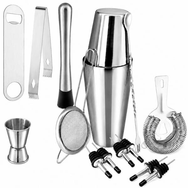 16 Piece Stainless Steel Cocktail Shaker Bartender Set with Mixing Spoon, Jigger, Strainer and Pourers