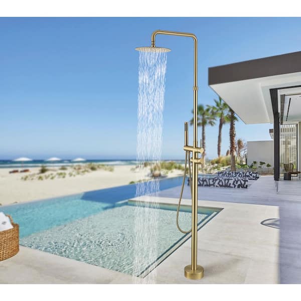 2-Handle 2-Spray Outdoor Freestanding Shower Faucet Kit 1.8 GPM Floor Mount Shower Kit w/ Hand Shower in Brushed Gold