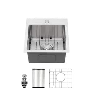 16 Gauge Stainless Steel 15 in. Single Bowl Drop-In Workstation Kitchen Bar Sink with Grid and Strainer