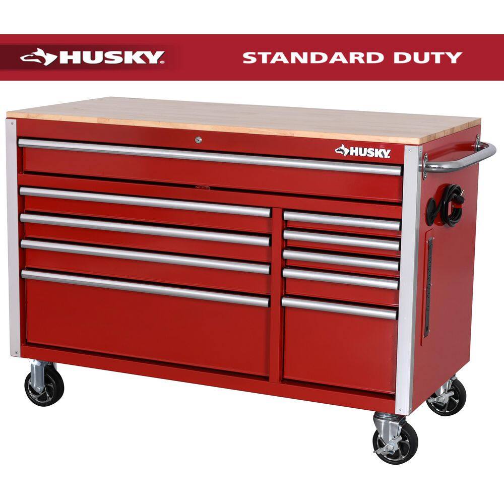 Husky Tool Storage 52 in. W x 25 in. D 10-Drawer Standard Duty Gloss Red Mobile Workbench Tool Chest H52MWC10RED