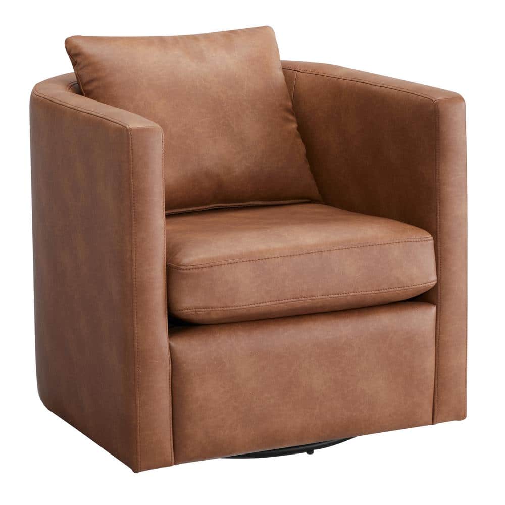 Saddle Brown Faux Leather Swivel Barrel Chair