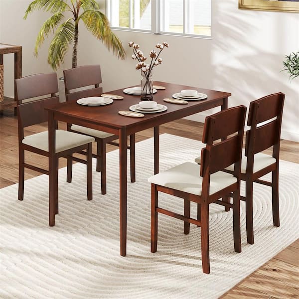 5 PCS Dining Table Set for 4-Farmhouse Wooden Table and 4-Upholstered Chairs