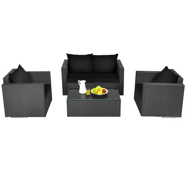 HONEY JOY 4-Pieces Wicker Patio Rattan Conversation Set Sectional Sofa and Coffee Table with Black Cushions