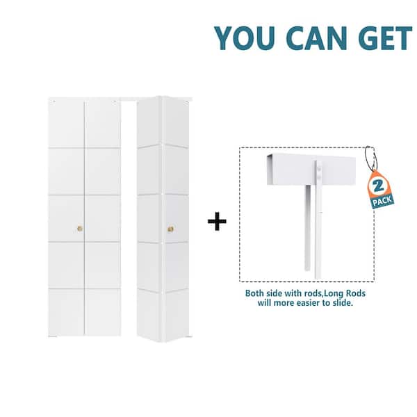 64 in. x 80 in. 5 Grooved Lines Primed Hollow Core MDF. Bi-Fold Door with Lock, Handle and Hardware Kits, Closet Doors