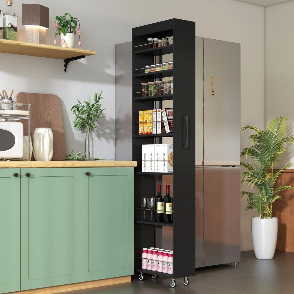 Black Wood 7 Tier Multi-Functional Pantry Organizer, Pull-Out Multi-Tier Storage Single-Sided Open Shelf price history on PriceWatchPro
