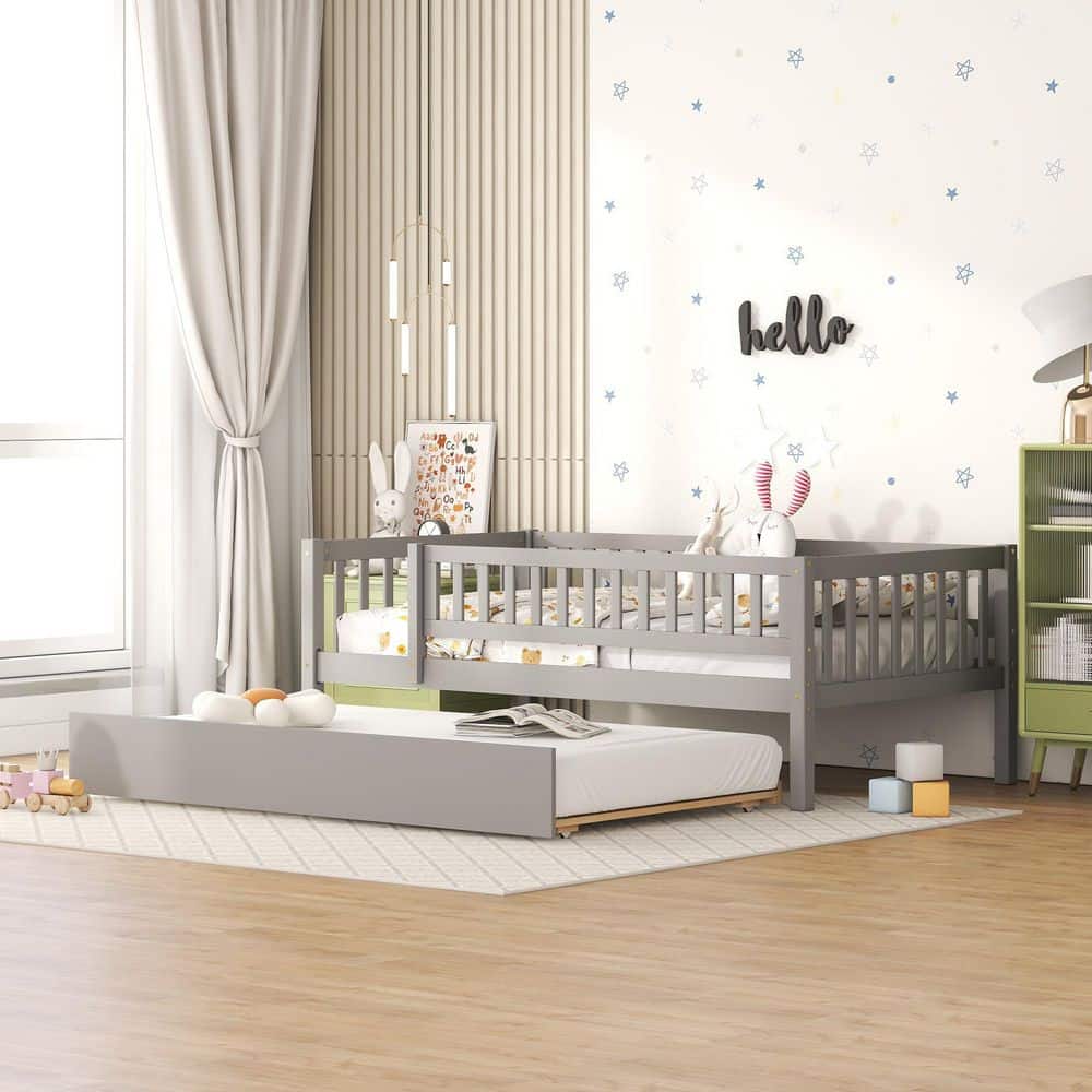 Gray Twin Daybed with Trundle and Fence Guardrails