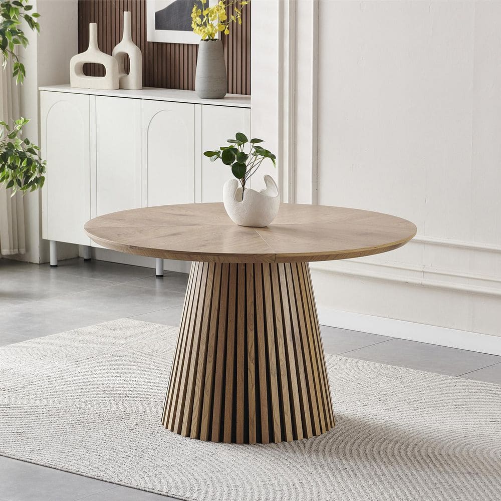 Modern Round Natural Wood MDF 47 in. Slatted-Leg Pedestal Base Dining Table for 4 price history on PriceWatchPro