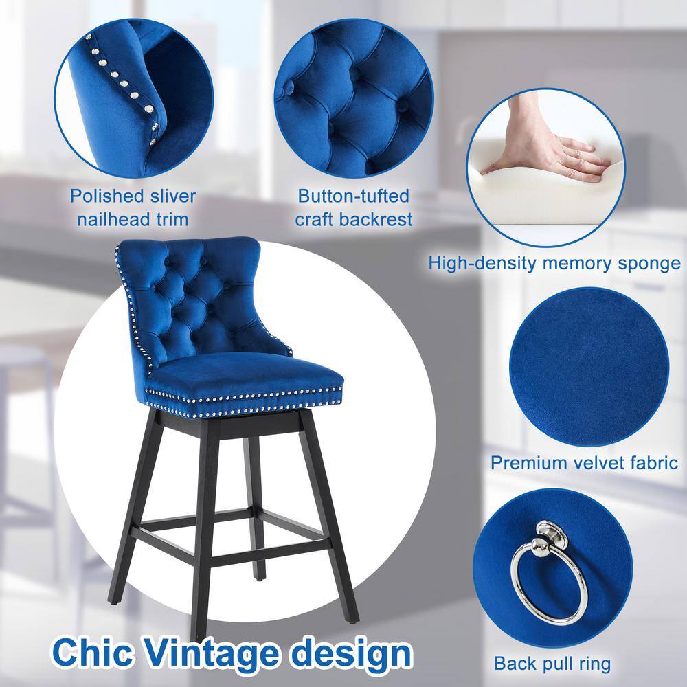 Blue Velvet Upholstered Swivel Counter Stools with Solid Wood Legs, Set of 2