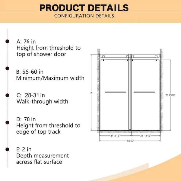Xspracer Victoria 56-60 in. W x 76 in. H Sliding Frameless Shower Door in Brushed Nickel Finish with Clear SGCC Tempered Glass