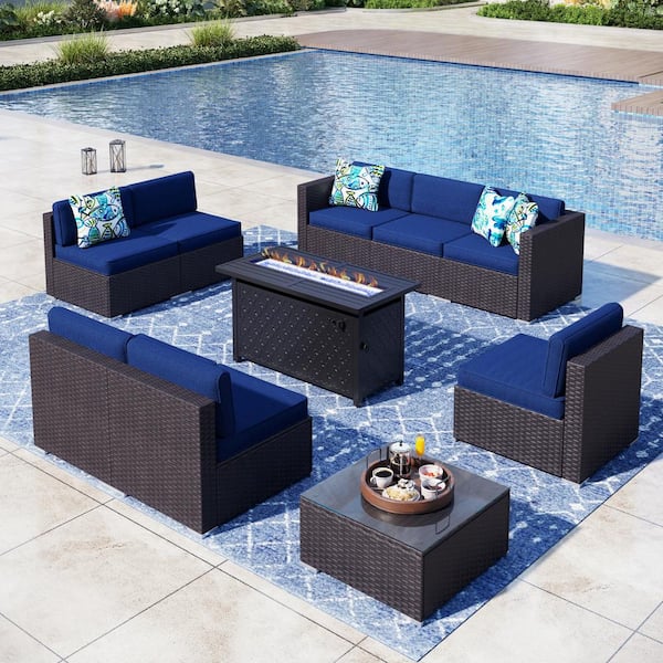 PHI VILLA Dark Brown Rattan Wicker 8 Seat 10-Piece Steel Outdoor Fire Pit Patio Set with Blue Cushions and Rectangular Fire Pit