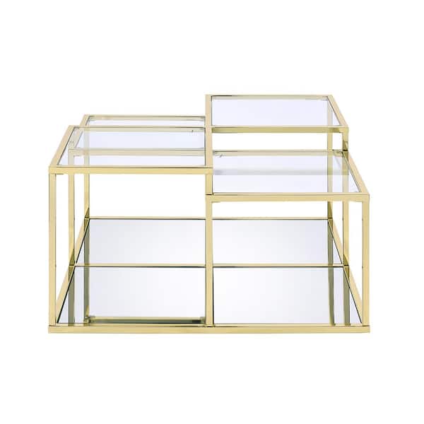 Acme Furniture Uchenna 34 in. Clear Glass and Gold Square Glass Coffee Table with Shelf and Tempered Glass Top