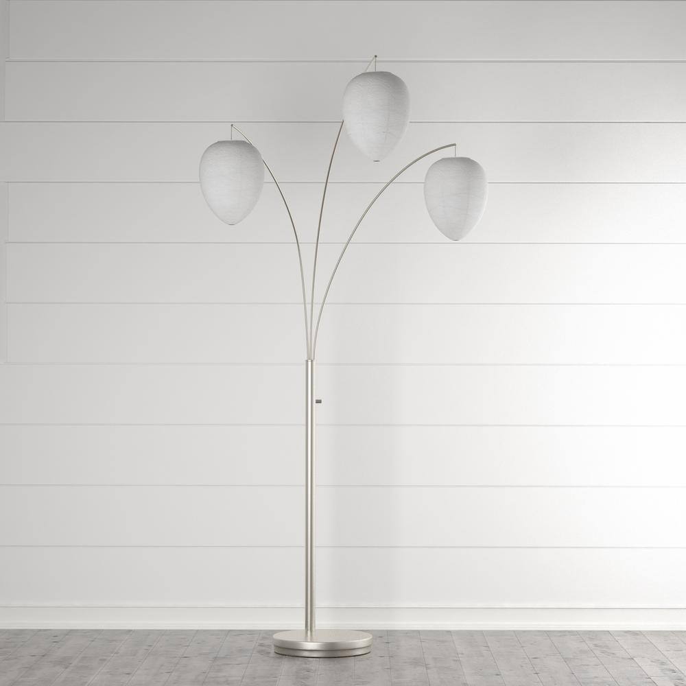 Zen-Inspired White Beehive Arc Floor Lamp with Chrome Accents