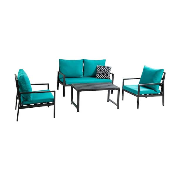 TIRAMISUBEST 4-Piece Aluminium Patio Conversation Set with Teal Cushions