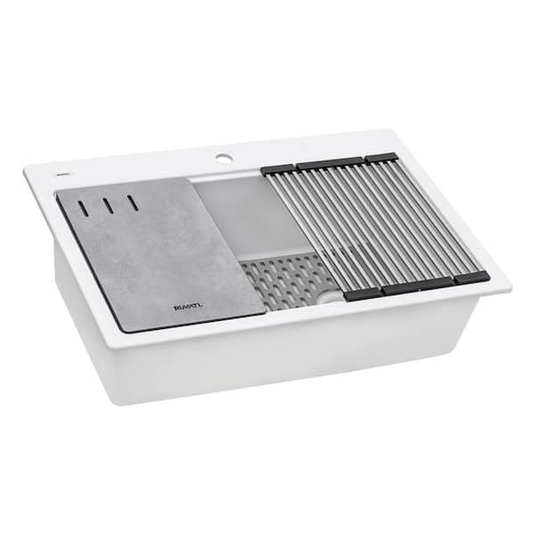 EpiStage 33 in. Drop-in Single Bowl Workstation Kitchen Sink in Arctic White Granite Quartz Composite with Accessories
