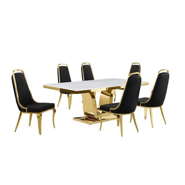 Best Quality Furniture Ada 7-Piece Rectangle White Marble Top With Gold Stainless Steel Dining Set With 6 Black Velvet Chrome Iron Chairs