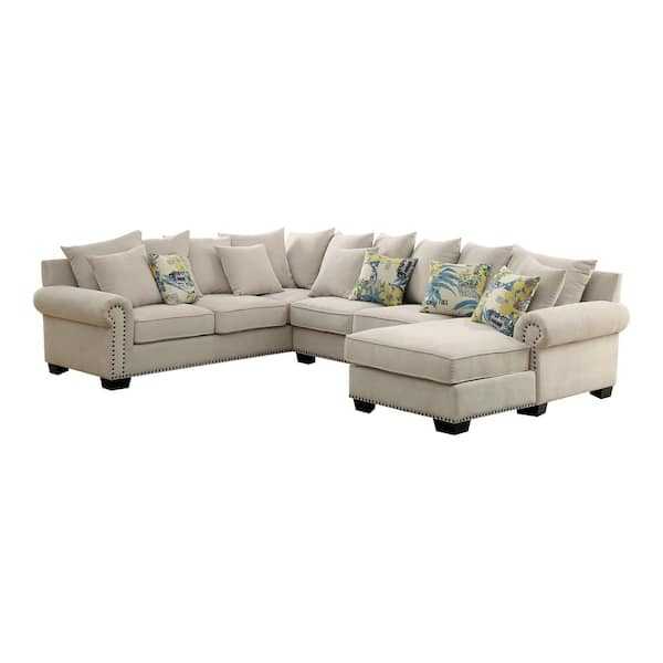 Grathan 125.25 in. Rolled Arms Polyester U-Shaped Sectional Sofa in Beige with Nailhead Trim