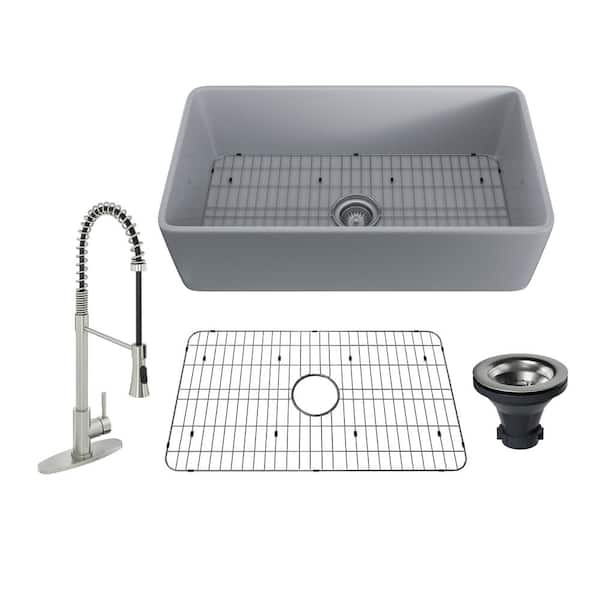 CASAINC Black Fireclay 36 in. Single Bowl Farmhouse Apron Kitchen Sink with Faucet and Accessories All-in-One Kit, 36 in. Matte Black Fireclay Kitchen