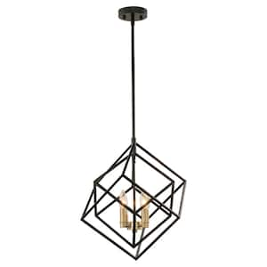 Rad 17.5 in. W 4-Light Geometric Black and Brass Pendant Cage Light