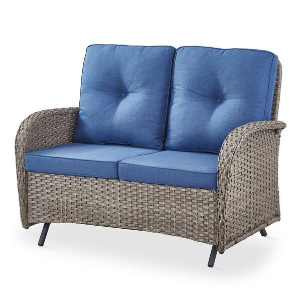 2-Person Gray Wicker Patio Outdoor Glider with Cushion Guard Blue Cushions