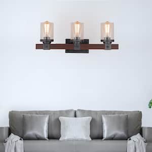 3-Lights Woodgrain Wall Lights, Vintage Wall Light Fixtures, Farmhouse Wall Lamp, Indoor Wall Sconce with Glass Shade