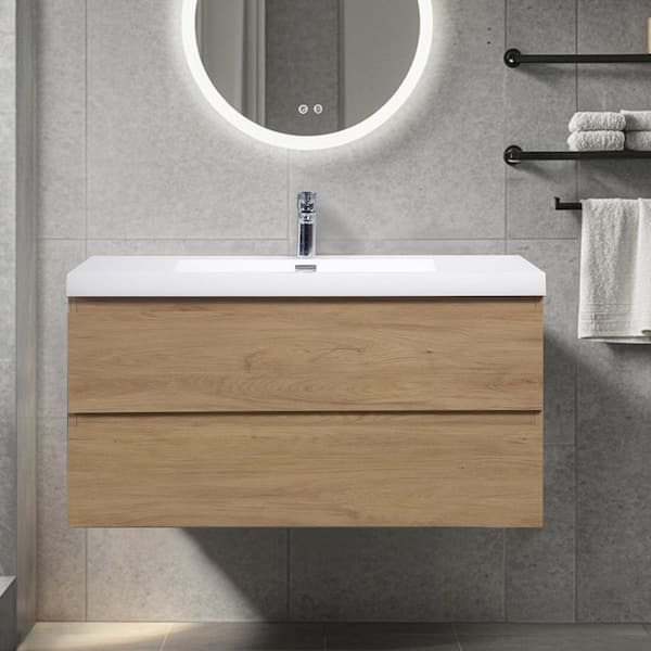 42 in. Wall-Mounted Floating Bath Vanity in Natural Oak with Single Solid Surface Sink Top in White