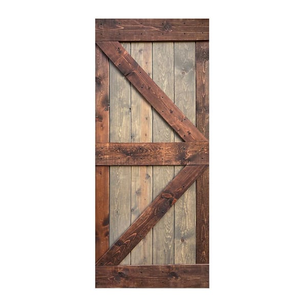 ISLIFE K Style 36 in. x 84 in. Brown/Walnut Finished Solid Wood Sliding Barn Door Slab - Hardware Kit Not Included